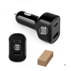 Adaptador de isqueiro com porta USB-A 18W e USB-C 20W em ABS 100% reciclado personalizado